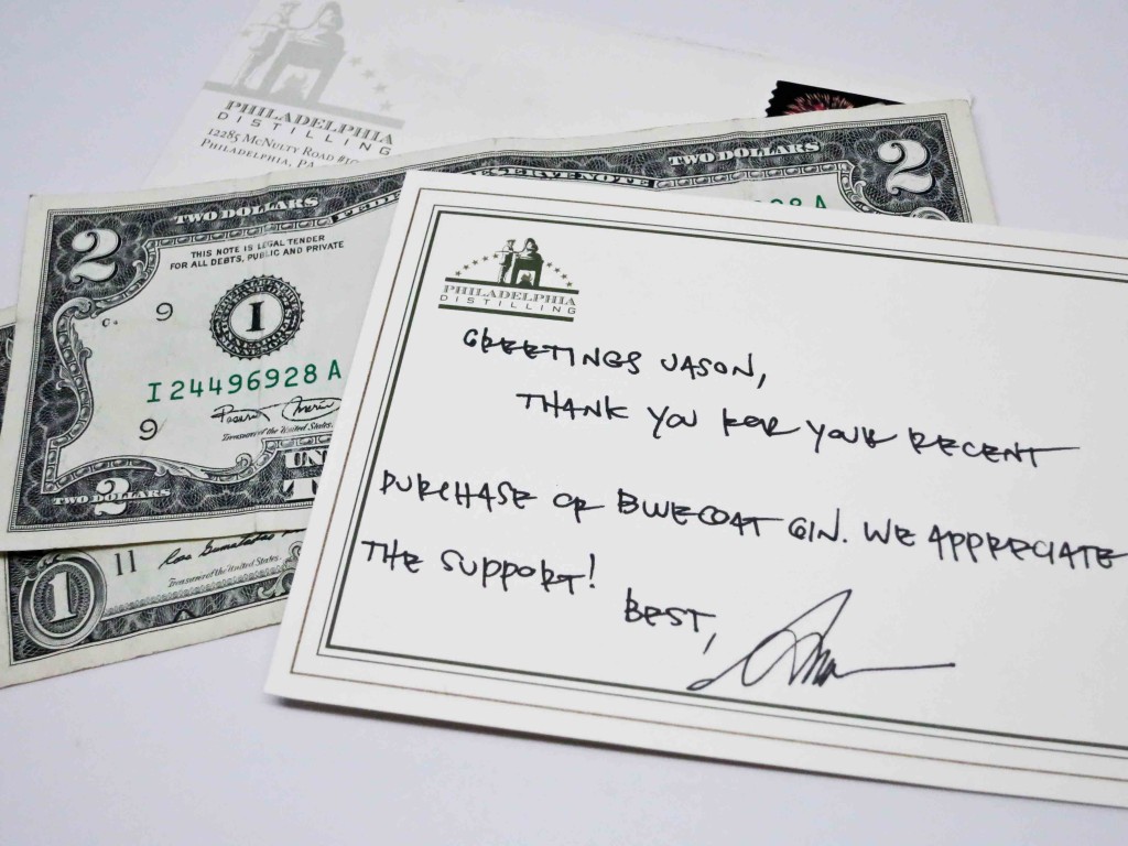 My $3 rebate along with a handwritten note from the President and Founder of Philadelphia Distilling.